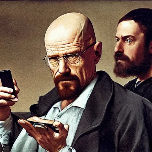 Image similar to walter white looking at a phone, renaissance painting