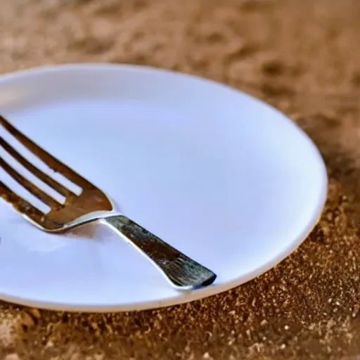 Image similar to a fork made of sand, realistic, ultra high detail, the fork is on a plate, the plate is on a wooden table.