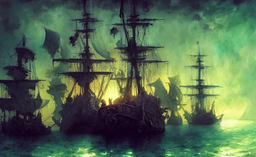 Image similar to pirate galleon fleet. intricate, amazing composition, colorful watercolor, by ruan jia, by maxfield parrish, by marc simonetti, by hikari shimoda, by robert hubert, by zhang kechun, illustration, gloomy, volumetric lighting, fantasy