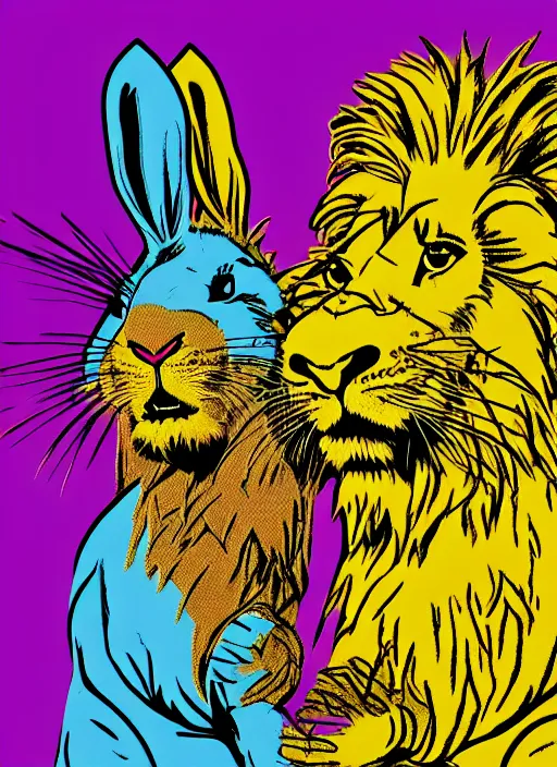 Image similar to rabbit and lion fight fiercely with anger in their eyes, wide angle lens, octane rendering, in the style andy warhol, 8 k,