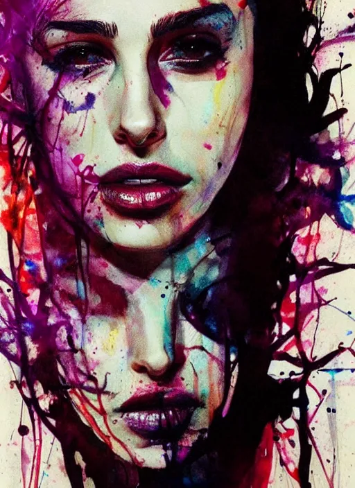 Image similar to vicious smile nathalie portman by agnes cecile, extremely luminous bright design, pastel colours, ink drips, autumn lights