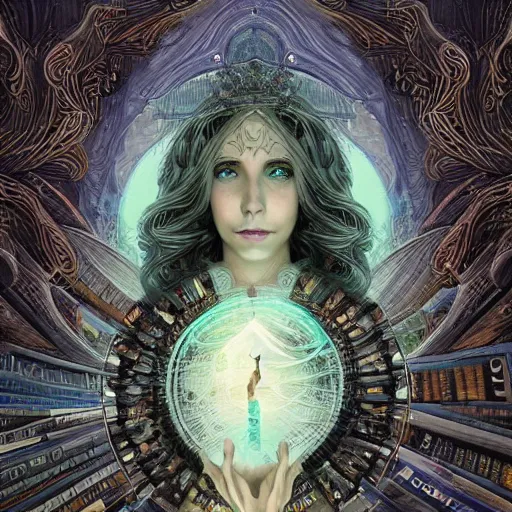 Prompt: a portrait of the goddess minerva surrounded by stacks of books, bioluminescent gown with deep level of detail of esoteric symbols, urban motifs, intricate, elegant, highly detailed, digital painting, trending on artstation, concept art, smooth sharp focus, illustration, art by artgerm and greg rutkowski, extremely high quality, surrealism