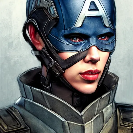 Image similar to a still of captain america played by by scarlett johansson wearing dieselpunk outfit, face portrait, hd shot, digital portrait, elegant, beautiful, fantasy art, artstation, comic style, by artgerm, guy denning, jakub rozalski, magali villeneuve and charlie bowater