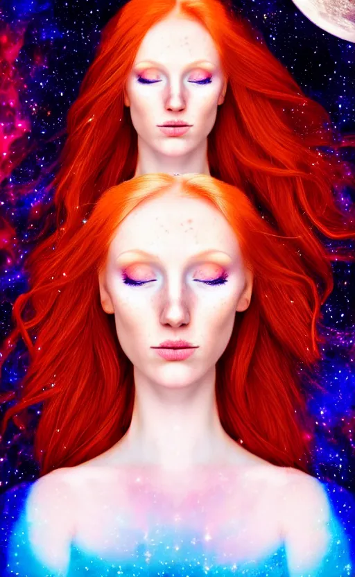 Image similar to space astral portrait of a beautiful girl, red hair, ginger hair, fantasy, glowing skin, smooth face, perfect eyes, half body shot, tarot card