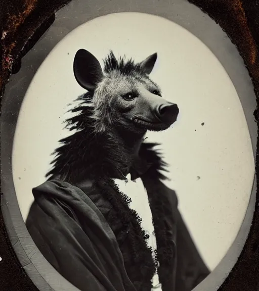 Image similar to professional studio photo portrait of anthro anthropomorphic spotted hyena head animal person fursona smug smiling wearing elaborate pompous royal king robes clothes degraded medium by Louis Daguerre daguerreotype tintype