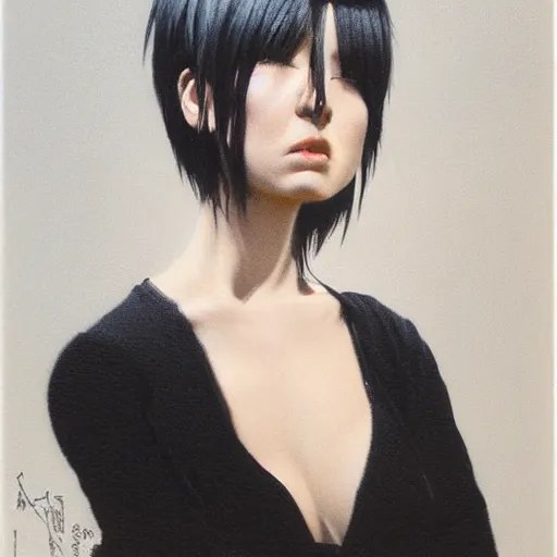 Image similar to A young woman with black and white hair looking disgusted away from the camera, Punk, Portrait by Noriyoshi Ohrai, rendered in octane, oil on canvas