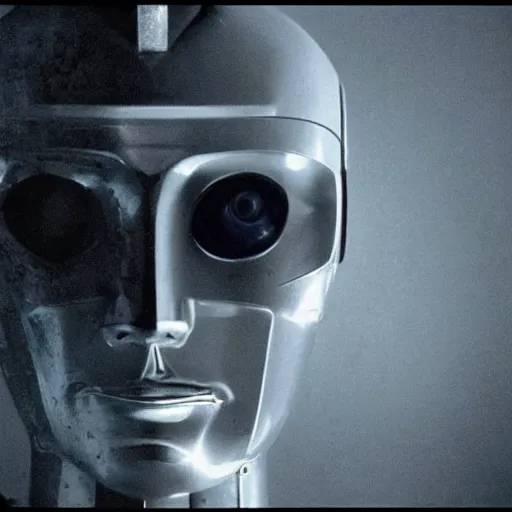 Image similar to movie scene of a man with a robot head, movie still, cinematic composition, cinematic lightning, Movie by David Lynch and Andrzej Żuławski