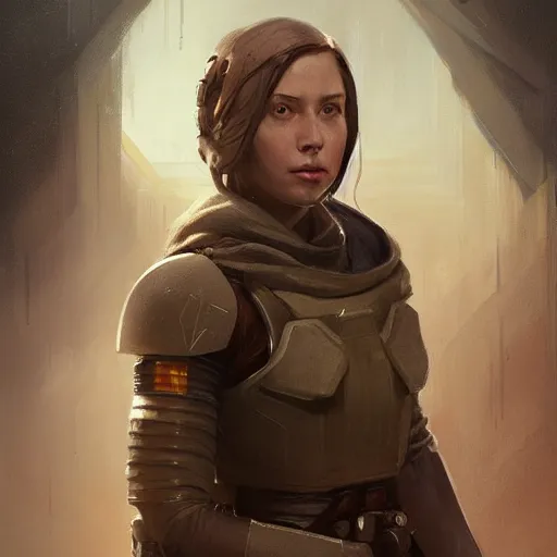 Image similar to portrait of a woman by greg rutkowski, jedi knight allana solo, straight brown hair, star wars expanded universe, she is about 2 0 years old, wearing the tactical gear of the galactic alliance, highly detailed portrait, digital painting, artstation, concept art, smooth, sharp foccus ilustration, artstation hq