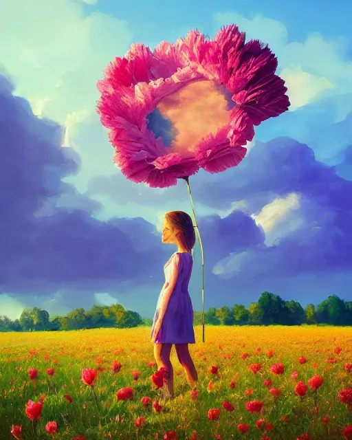 Image similar to girl with a giant carnation as face, surreal photography, flower field, sunset dramatic light, impressionist painting, colorful clouds, blue sky, digital painting, artstation, simon stalenhag