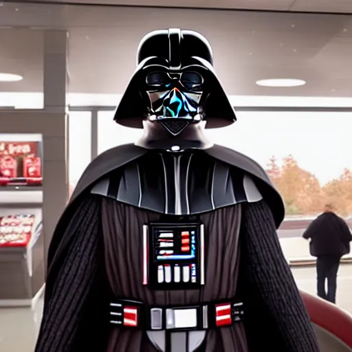 Image similar to A still of Darth Vader at McDonalds, 4k, photograph, ultra realistic, highly detailed, professional lighting