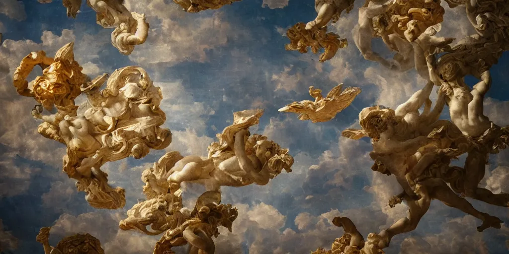 Prompt: tilt shift, prismatic, italian masterpieces, painted marble sculptures, baroque, beautiful, gracious, pagans, marble, clouds, sun, fruits, bioluminescent skin, ultra detailed