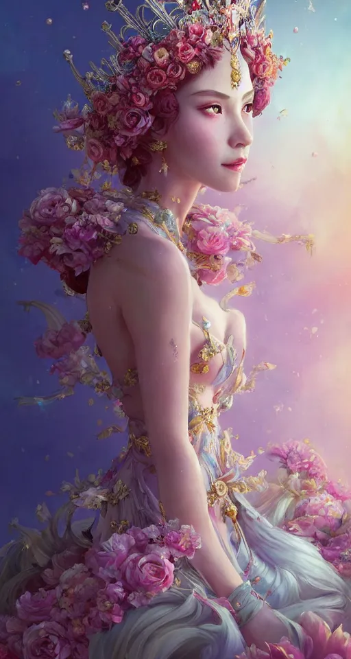 Image similar to A beautiful fantasy empress, highly detailed full body, breathtaking flower tiara, gorgeous aristocrat robe, beautiful figure, epic composition, ultra wide-shot, dynamic pose, concept art, beautifully lit, digital painting, character design, sharp focus, elegant, smooth, intricate, artstation, by WLOP and James Jean and Victo Ngai and Ryohei Hase