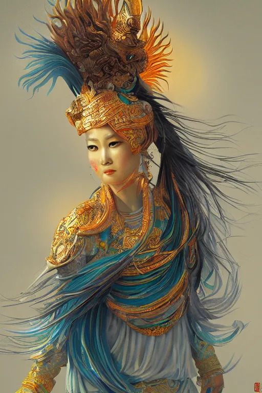 Image similar to oil painting, ancient chinese goddess, the incarnation of the sun bird, sunlit, paint texture, digital painting, highly detailed, artstation, sharp focus, illustration, concept art