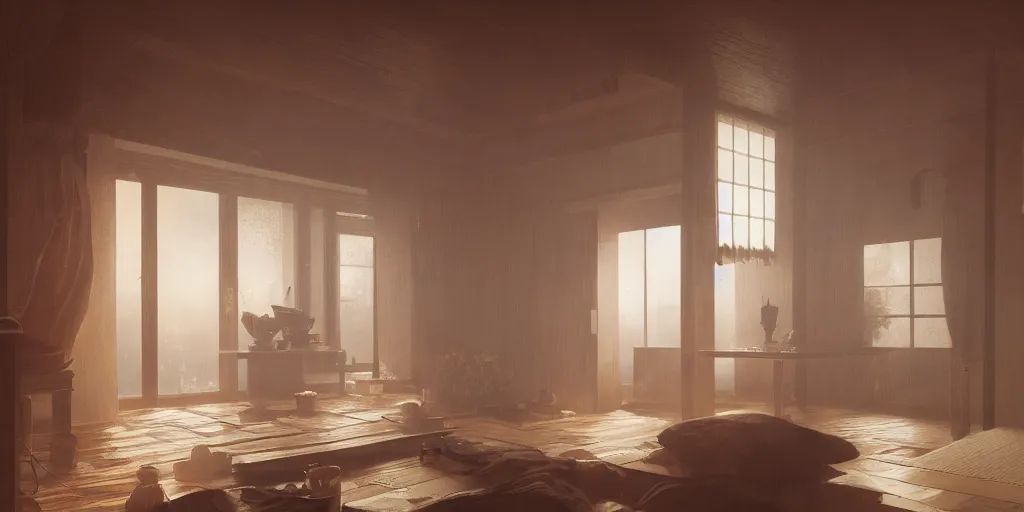 Image similar to an extremely detailed render of japanese interior, volumetric lighting, sundown, by Greg Rutkowski and Agnieszka Wozniak, trending on Artstation, 8k, photorealistic, hyper detailed, unreal engine 5, gloomy, foggy, cinematic, epic lighting