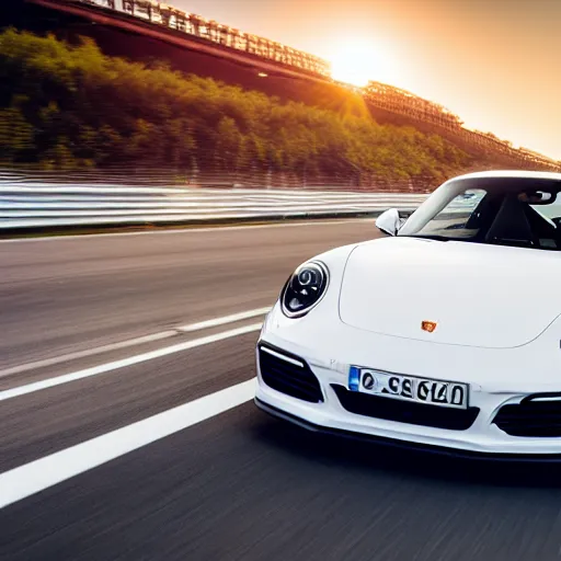 Image similar to 2 0 1 8 white porsche 9 1 1 racing on a highway, golden hour, 4 k photography, car photography, high detail