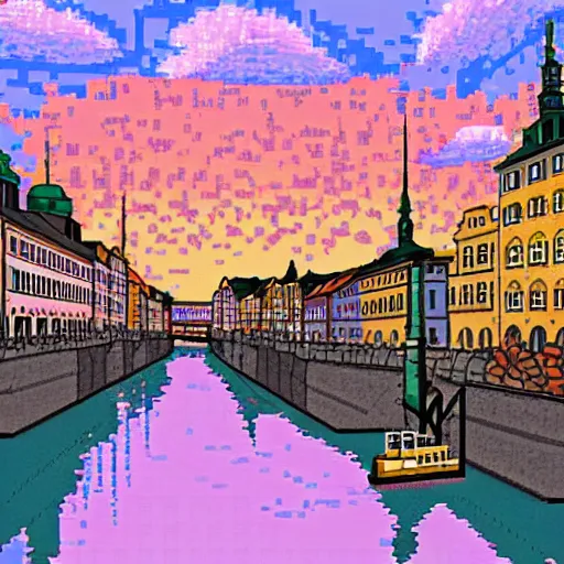 Prompt: pixel art of stockholm, gamla stan,