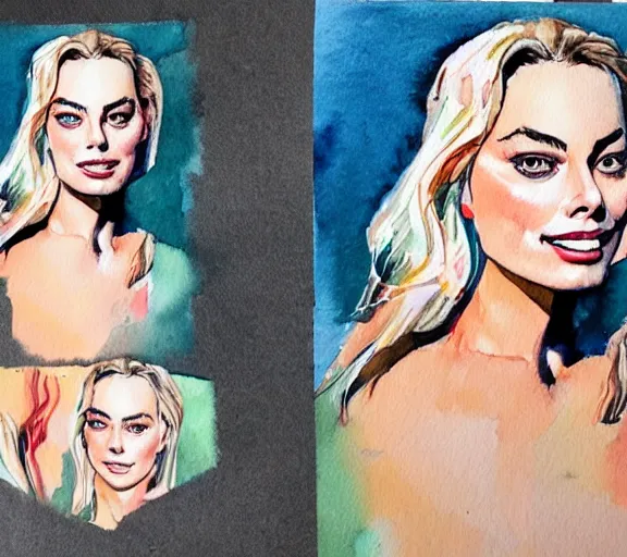 Image similar to A portrait of margot robbie made out of watercolor, trending on artstation