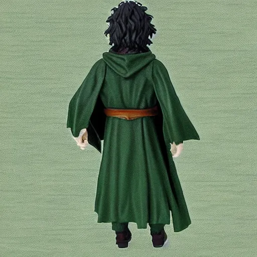 Image similar to peregrin took from the anime lord of the rings (1986), dark hair, green cape, hobbit, studio ghibli, very detailed, realistic