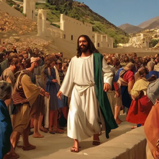 Prompt: Jesus walking via dolorossa with heavy cross pushing him to the ground and crowd yelling at him,