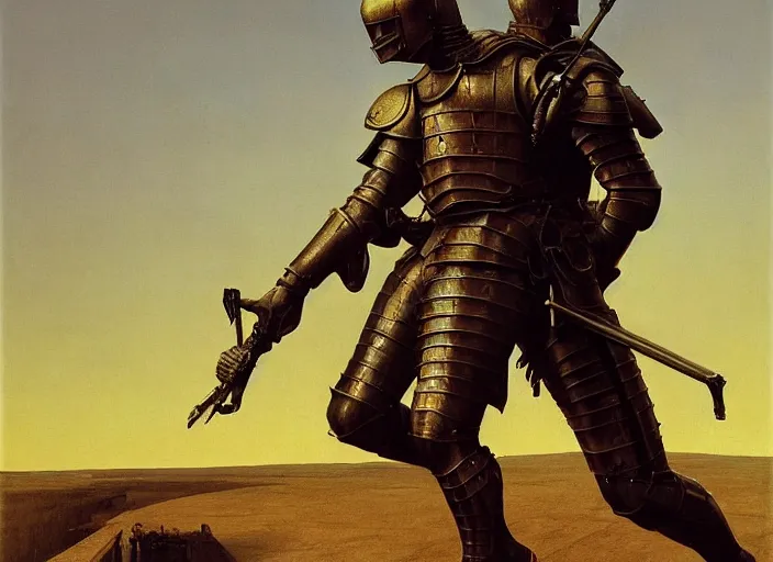 Image similar to special forces man captures the knight in armor, rome, highly detailed, soft lighting, elegant, works by edward hopper and james gillard, zdislaw beksinski, stephen outram, andreas m wiese, highly detailed