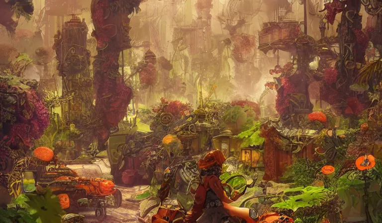 Image similar to dreamlike dieselpunk garden fantasycore, glossy painting, Art Nouveau Cosmic 4k Detailed Matte Illustration featured on Getty Images ,CGSociety, Jade and Carrot orange color scheme, Pastiche by Marc Simonetti, Pastiche by Cedric Peyravernay