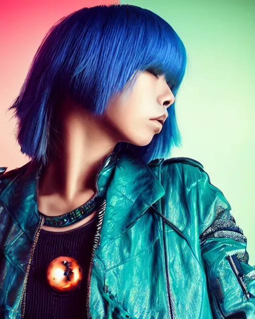 Image similar to Hyper realistic Portrait of a beautiful Japanese Cyberpunk girl, glowing teal hair bob haircut, bangs, Spiked blue leather jacket