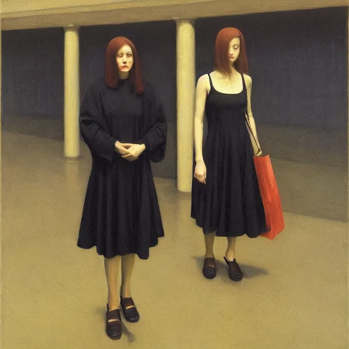 Image similar to woman in black robes, short skirt, in magnificent shopping mall, oil painting by edward hopper, zdislav beksinski, wayne barlowe