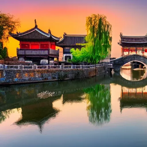 Image similar to peaceful ancient water town in the south of china, zhouzhuang ancient town, sunset glow, movie style, warm color to move