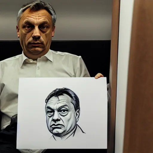 Prompt: viktor orban drawing doodles in a cubicle, oil painting