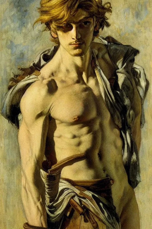 Image similar to attractive male, painting by gustave moreau, j. c. leyendecker