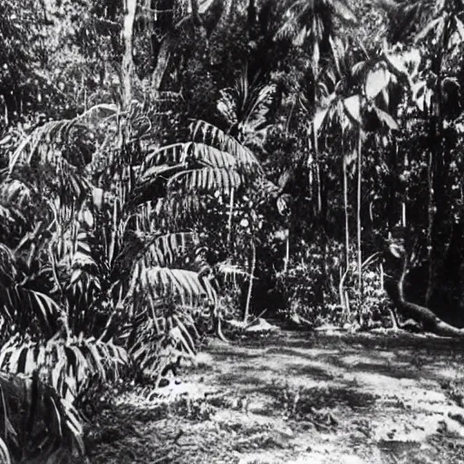 Prompt: a rizom lost film footage of a sacred ( ( ( indigenous ) ) ) artifact in the middle of the ( ( ( ( ( ( ( ( ( ( tropical jungle ) ) ) ) ) ) ) ) ) ) / ethnographic object / film still / cinematic / enhanced / 1 9 0 0 s / black and white / grain