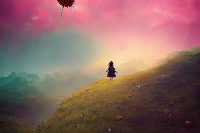 Image similar to giant dahlia flower as a head, girl walking on mountain, surreal photography, stars, dramatic light, impressionist painting, storm clouds, digital painting, artstation, simon stalenhag