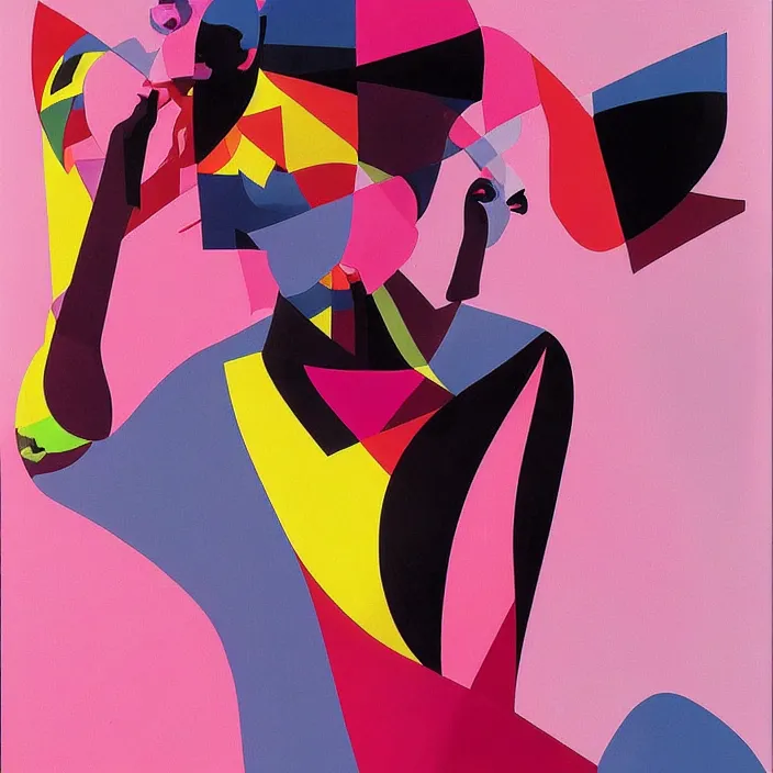 Image similar to abstract portrait of grace jones in pink, geometric, anime style, caravaggio, syd mead