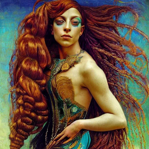 Image similar to intricate detail, hyper detail, gaston bussiere, sandro botticelli style photoshoot, lady gaga, artpop act ii album, with neon aqua rapunzel dreadlocks, detailed, masterpiece, sharp focus,