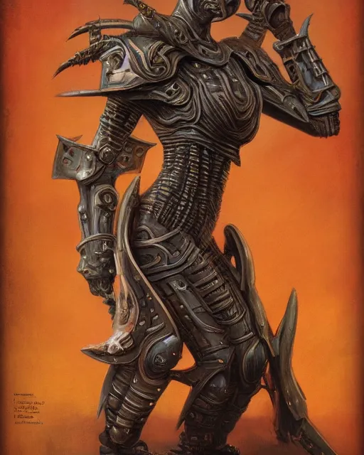 Image similar to portrait of a beautiful savage slaanesh creature female warhammer 4 0 k, wearing futuristic armor, by norman rockwell