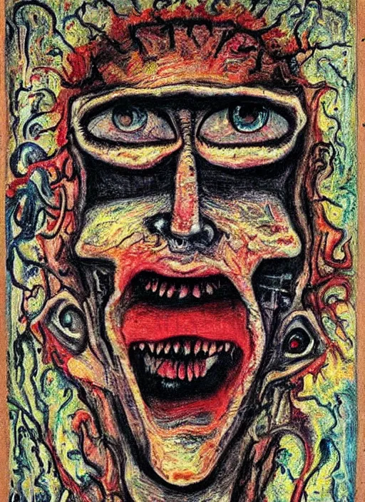 Prompt: a horror mad portrait of extraterrestrial art brut by a psycho man, full color outsider crazy marginal art