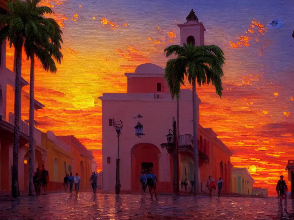 Image similar to of an impressionist oil painting of a sunset in the street of old san juan in puerto rico, hyper - detailed, 8 k, cinematic, octane render, by greg rutkowski