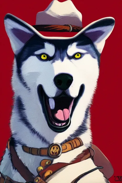 Image similar to a portrait painting of a husky in cowboy costume, wearing a cowboy hat, by [ studio ghibli ], in the style of anime, [ western film ], [ red dead ], trending on artstation