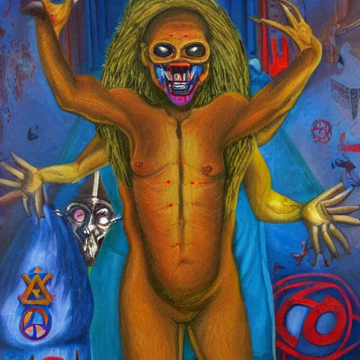 Image similar to portre of an autistic demon on acid, masonic and kabalistic symbols in background, oil painting