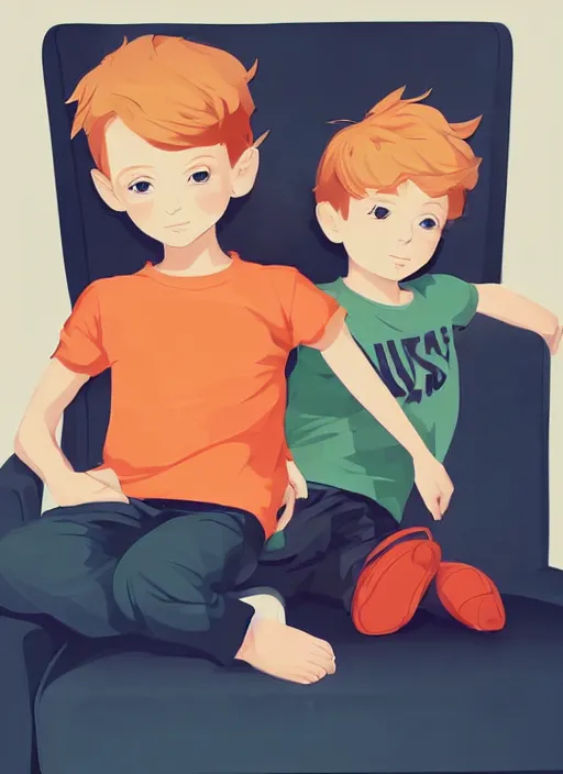 Prompt: two little boys sitting on a couch. a little blonde boy and a little ginger boy. clean cel shaded vector art. shutterstock. behance hd by lois van baarle, artgerm, helen huang, by makoto shinkai and ilya kuvshinov, rossdraws, illustration, art by ilya kuvshinov