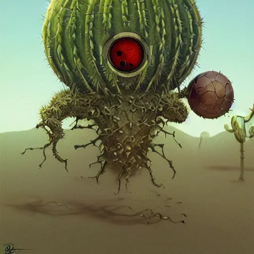 Prompt: ball creature covered with eyes, in the desert next to a cactus, d & d, fantasy, greg rutkowski, frank frazetta, alexandre chaudret, boris vallejo, michael whelan, miro petrov, hr giger, magali villeneuve, donato giancola