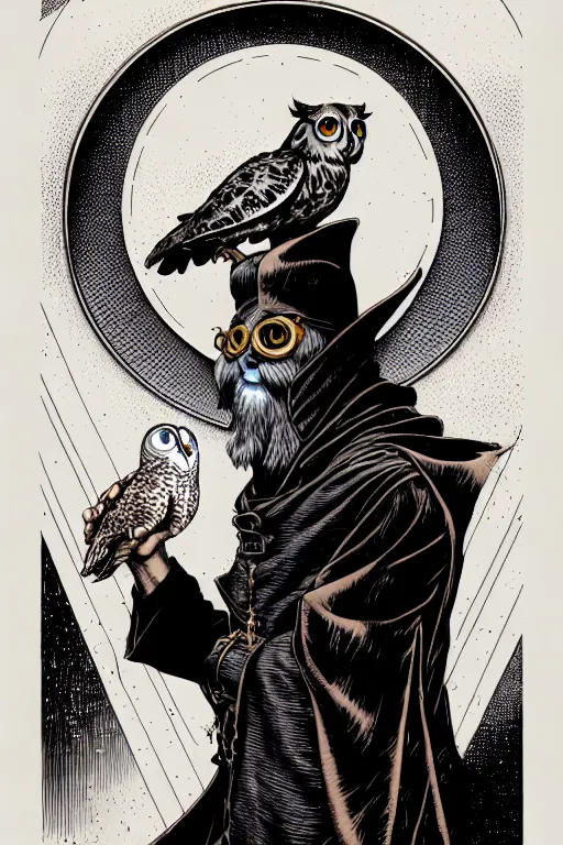 Image similar to side view of majestic steampunk alchemists cloaked wizard holding his pet owl, high details, bold line art, by vincent di fate and joe fenton, inking, etching, screen print, masterpiece, trending on artstation, sharp, high contrast, hyper - detailed,, hd, 4 k, 8 k