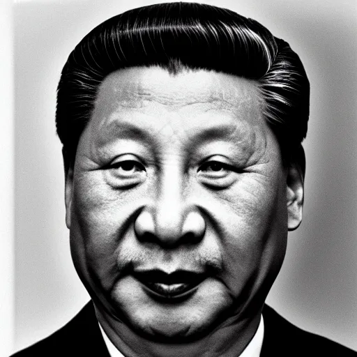 Image similar to photo of Xi Jinping by Diane Arbus, extreme closeup, black and white, high contrast, Rolleiflex, 55mm f/4 lens