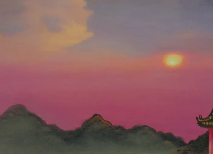 Image similar to an oil painting of a chinese temple floating among the clouds during a pink sunset