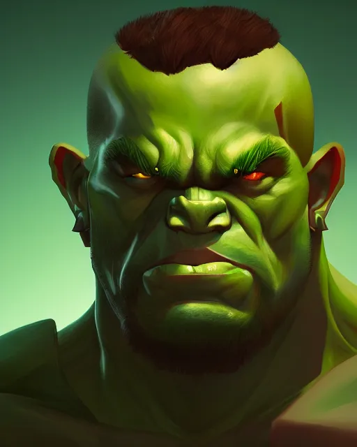 Image similar to « a portrait of a muscular green orc, a character portrait by paul kelpe, reddit contest winner, sots art, ilya kuvshinov, 2 d game art, parallax »