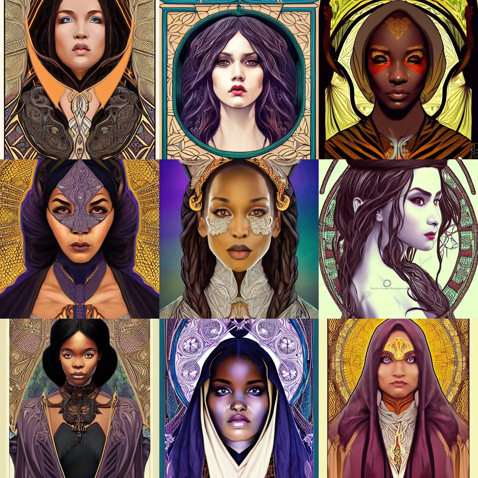 Prompt: head-on symmetrical centered painted portrait, Ghana Ali as a D&D wizard, art nouveau, medieval robes, fantasy, intricate, elegant, highly detailed, smooth, sharp focus, illustration, artstation, in the style of Artgerm and Alex Ross and Mucha