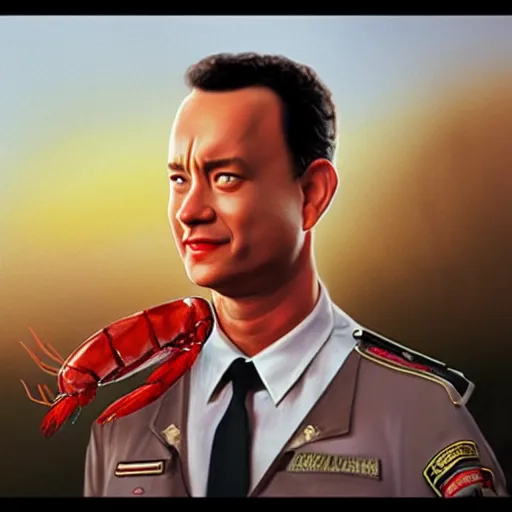 Image similar to tom hanks as forrest gump with a giant shrimp around the neck, photorealistic, cgsociety, artstation