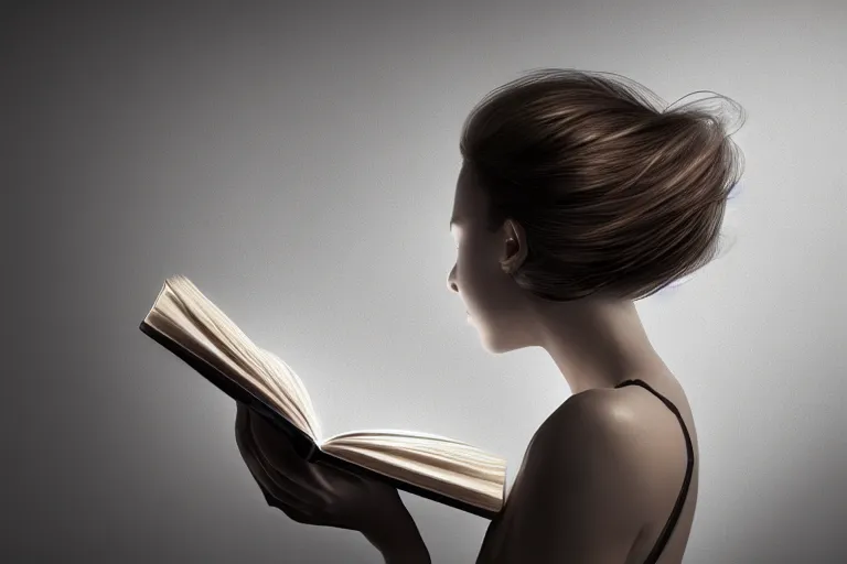 Image similar to an ultra realistic, cinematic, headshot portrait, of a girl reading a book, hair flowing down, facial features, detailed, deep focus, movie still, dramatic lighting, ray tracing, by michal karcz and yoshitaka amano