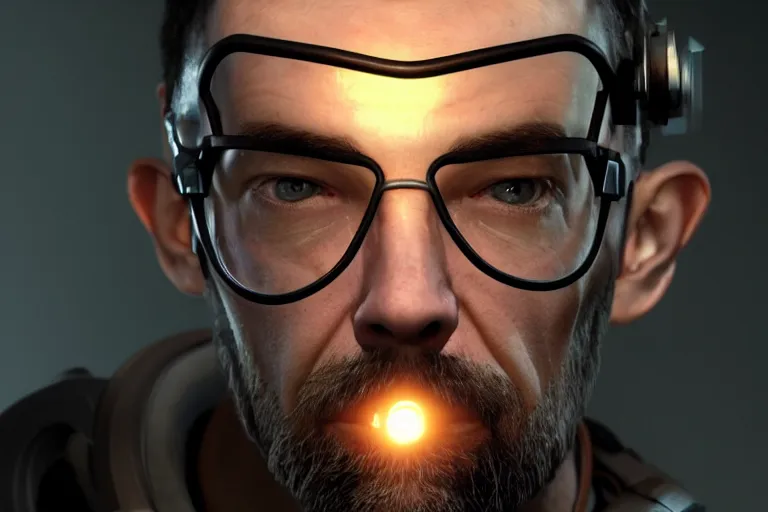 Image similar to half life 3 main character portrait, award - winning, stunningly realistic, volumetric lighting, coherent, no artifacts, cinematic, atmospheric, studio quality