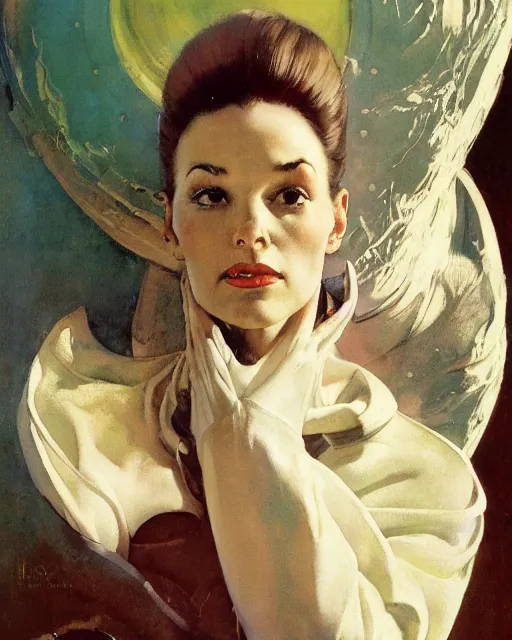 Prompt: head portrait of elegant striking mature space woman in futuristic robe, dynamic, by norman rockwell, roberto ferri, daniel gerhartz, edd cartier, jack kirby, howard v brown, ruan jia, tom lovell, frank r paul, dean cornwell, astounding stories, amazing, fantasy, other worlds